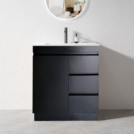 MADRID 750X460X850MM PLYWOOD FLOOR STANDING VANITY - BLACK WITH CERAMIC TOP